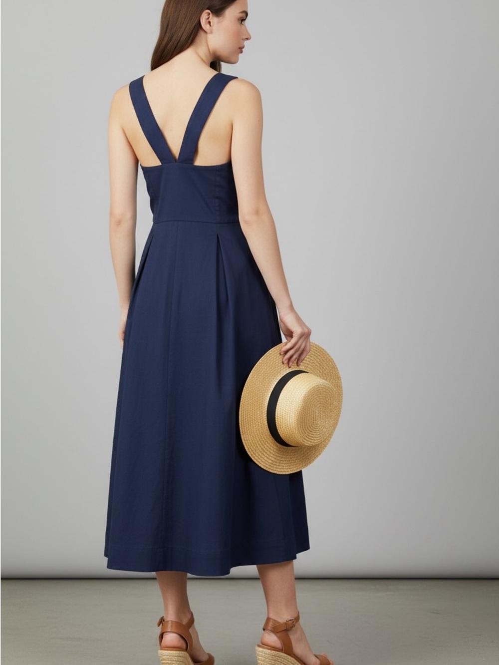 Anthro Maeve Navy Button Front Midi Dress 6P Petite Pockets NWOT - Picture 2 of 5